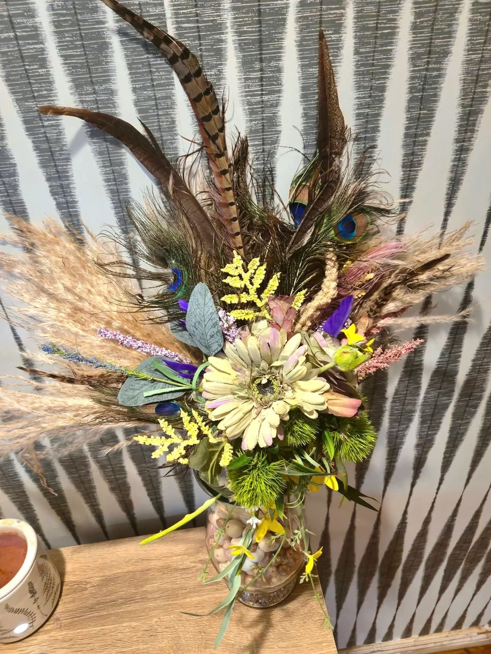 Handmade Boho Peacock Feather Pampas Grass Faux Floral Rustic Cottage Home Decor